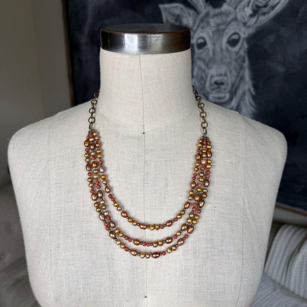 PEYOTE BIRD Free Spirit Necklace Brown Pearl Goldstone Multi Strand NEW